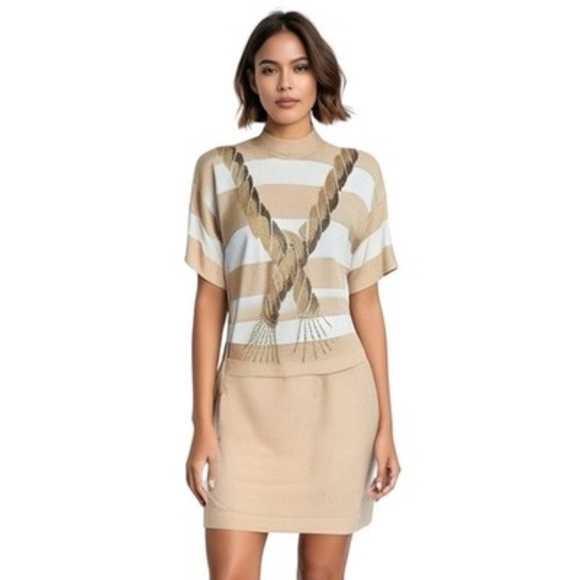 St John Dresses & Skirts - St John Collection Nautical Sweater Skirt Set Beige Ivory Gold Women’s M 12 NWT